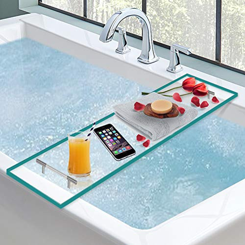 Luxury Bathtub Caddy, Clear Acrylic Bath Tray With Rust-Proof Stainless Steel Handles, Bath Accessories Tray, Bath Tub Organizer For Soap, Wine Glass, Book, Tablet, Towel and More (Turquoise)