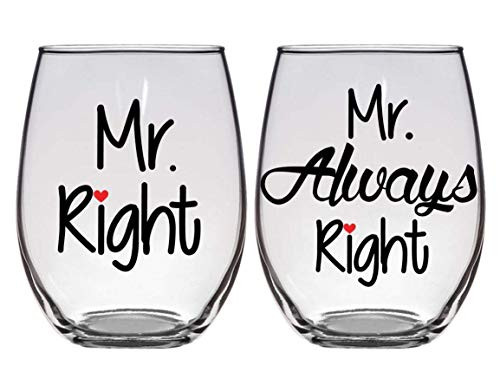 Gay Wedding, Engagement, Anniversary Gift - Mr. Right, Mr. Always Right - Set of Two (2) Premium 21oz Stemless Wine Glasses
