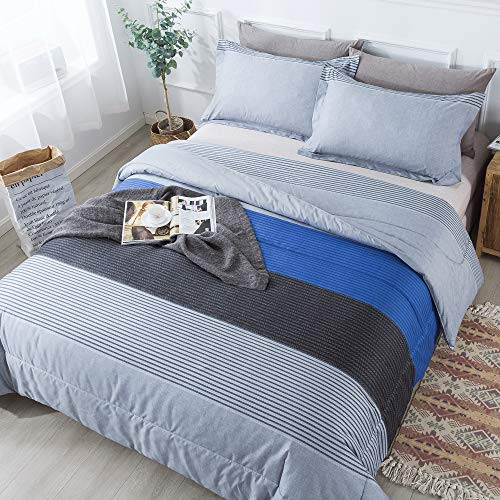 Andency Stripe Comforter Set Full Size (79x90 Inch), 3 Pieces Gray and Blue Patchwork Striped Comforter, Soft Microfiber Down Alternative Comforter Bedding Set with Corner Loops (Grey, Blue, Black)