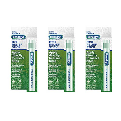 Benadryl Extra Strength Itch Relief Stick, Diphenhydramine HCL Topical Analgesic  and  Zinc Acetate to Relieve Skin Itching  and  Pain Associated with Insect Bites, Sunburn  and  More, 0.47 fl. oz (Pack of 3)