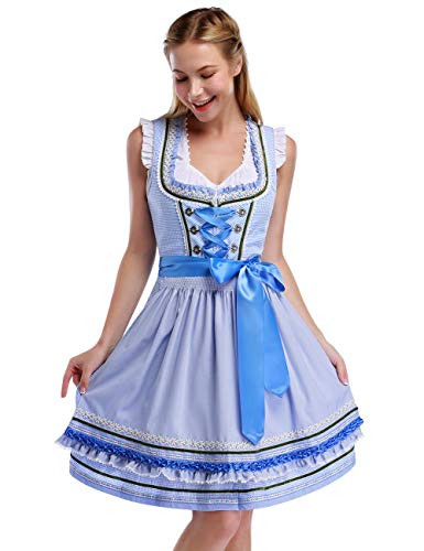 GloryStar Women's Oktoberfest Costume Beer Babe Polka Dot Oktoberfest Dress(S, N-LightBlue)