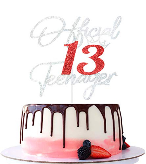 13 Official Teenager Cake Topper - happy 13th Birthday Cake Topper, Cheers to 13 Years 13th  and  Fabulous, Teenager Birthday Party Decoration(Silver and Red Glitter)