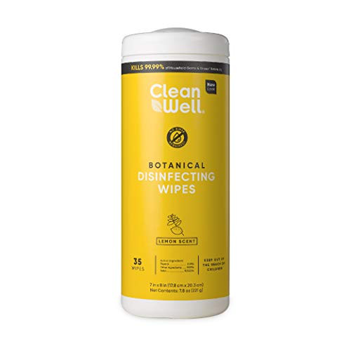 CleanWell Botanical Disinfecting Wipes, Lemon, 35 Count (1 PK) - Bleach Free, Antibacterial, Kid/Pet Friendly, Plant-Based, Cruelty Free, Deodorizes