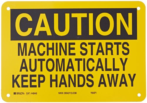 Brady 42442 10" Width x 7" Height B-555 Aluminum, Black on Yellow Machine and Operational Sign, Legend "Machine Starts Automatically Keep Hands Away"
