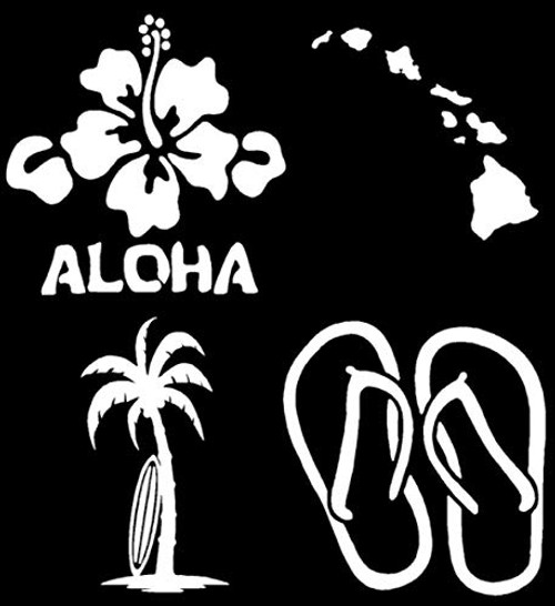 CCDecals Hawaii Decal 4 Pack: Hawaiian Islands, Aloha Hibiscus, Surfboard Palm Tree, Flip Flops (Hawaii White)