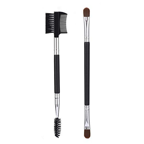 JASSINS Duo Eyebrow Brush Eyelash Comb  and  Spoolie BrushPlusDual Eye Shadow Brush Set, Professional Eyebrow Eye Makeup Tool (Black-silver)