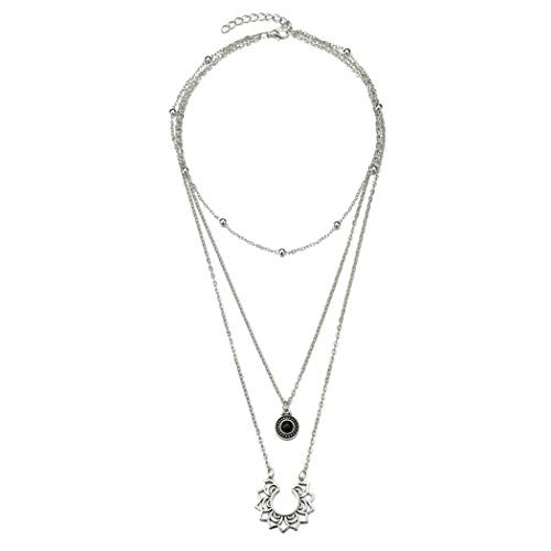 Haloty Vintage Layered Lotus Pendant Necklaces Silver Coin and Crystal Necklace Chain Beads Jewelry for Women and Girls