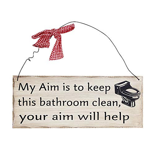 Bathroom Wall Plaque Sign, 4X10 Decorative Hanging Wood Sign for Bathroom My Aim Is To Keep the Bathroom Clean Your Aim Will Help Wooden Sign