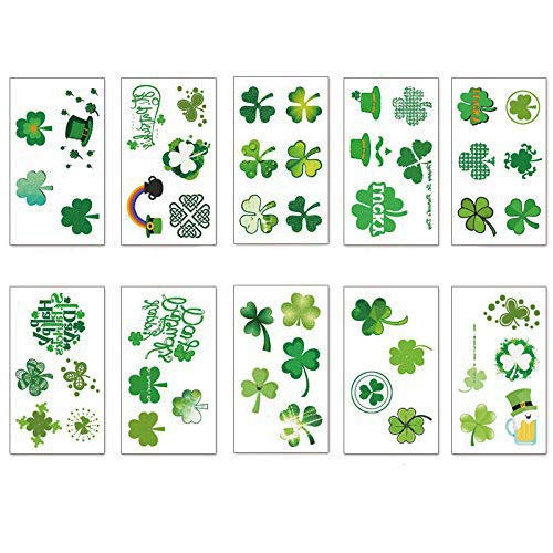 St. Patrick's Day Tattoos  10 Sheets Encci Temporary Shamrock Tattoos 10 Set For St.Paddy's day Irish Tattoo Sticker Clover Tattoos Parade Party Favors Decorations (style 3)