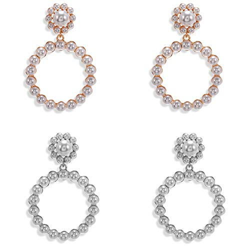 Pearl Round Circle Hoop Dangle Earrings Imitation Pearl Hollow Out Flower Earrings Beaded Loop Drop Earrings for Women Girls Elegant Jewelry (Pearl Round Circle Hoop Dangle Earrings (BlackPlusWhite))