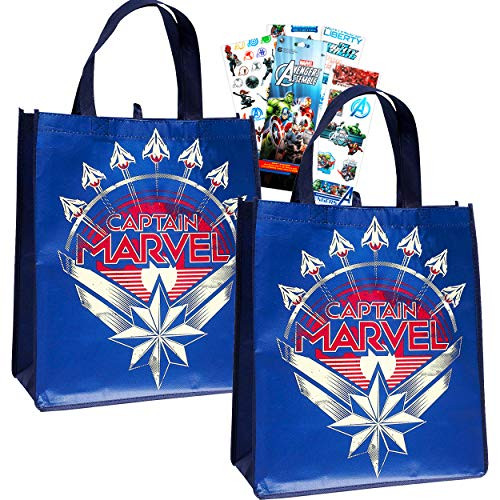 Marvel Comics Tote Bag Captain Marvel Bag Pack Bundle - 2 Pc Marvel Grocery Bags Set Superhero Reusable Tote Bag for Kids Adults with Marvel Avengers Stickers (Superhero Reusable Bag)
