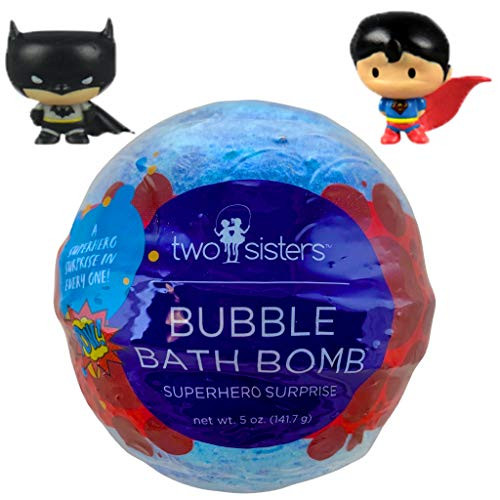 Superhero Bubble Bath Bomb for Kids with Surprise Superhero Toy Inside by Two Sisters Spa. Large 99 percent Natural Fizzy. Moisturizes Dry Sensitive Skin. Releases Color, Scent, and Bubbles.