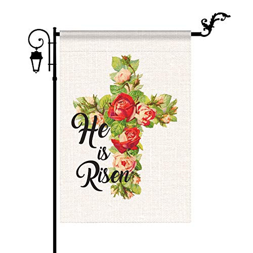 YIWANDA He is Risen Easter Garden Flag Vertical Double Sized Burlap, Tulips Lily Cross Yard Outdoor Easter Decoration Easter Decor 12.5 x 18 Inch