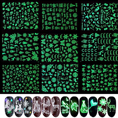 IDALL Luminous Winter Christmas Nail Art Adhesive Stickers - 9Sheets 3D Fluorescent Mixed Pattern Nail Decals,Xmas New Year Bride Wedding Animals Star Design Nail Decorations (A4)