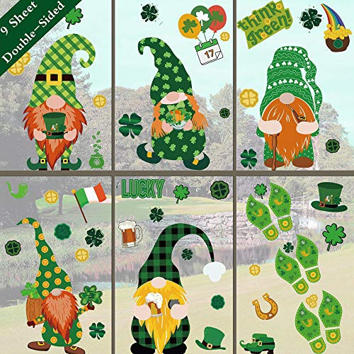 St. Patrick's Day Window Clings Decorations St. Patrick's Day Green Gnome Window Stickers Shamrock Stickers for Lucky Day Home Office Decor - Window Sticker for St. Patrick's Day 9 Sheets