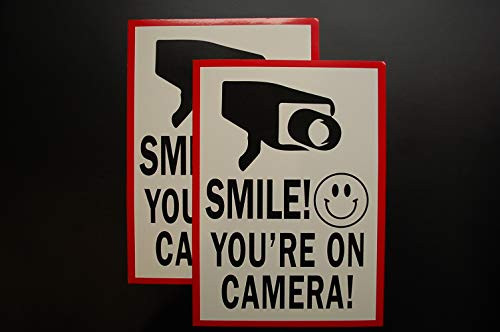 (2 Pack) Smile You're On Camera Warning Security Stickers 7" X 5" Vinyl Decal Indoor  and  Outdoor (X2PS66)
