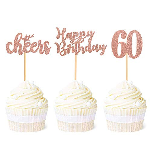 Ercadio 36 Pack Rose Gold Glitter 60th Happy Birthday Cupcake Toppers Number 60 Sixty Cheers Cupcake Picks 40th Birthday Anniversary Party Cake Decorations