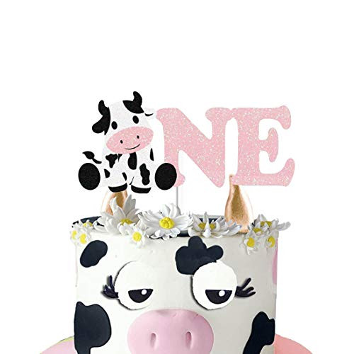HEETON Cow First Birthday Pink Happy 1st Birthday Cake Topper Party Supplies Decorations Cow Farm Zoo Animal Themed One Birthday Party Baby Girl Photo