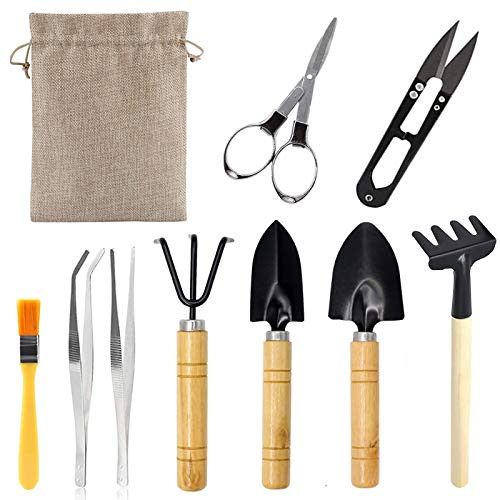 ManLee 10PCS Gardening Tool Set Bonsai Tools Set Mini Garden Hand Tools Set Gardening Bonsai Tools Set Succulent Garden Hand Tool Kit with Shovel Rake Tweezers Scissors Storage Bag