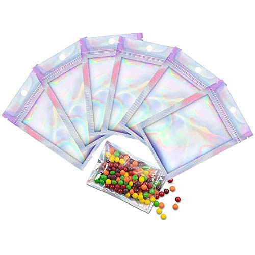 100 Pieces Resealable Smell Proof Bags Foil Ziplock Bags, Flat Clear Ziplock Food Storage Bags Pouch Aluminum Foil Bags Plastic Packaging Foil Bags, Holographic Rainbow Color (3X4.7inch)