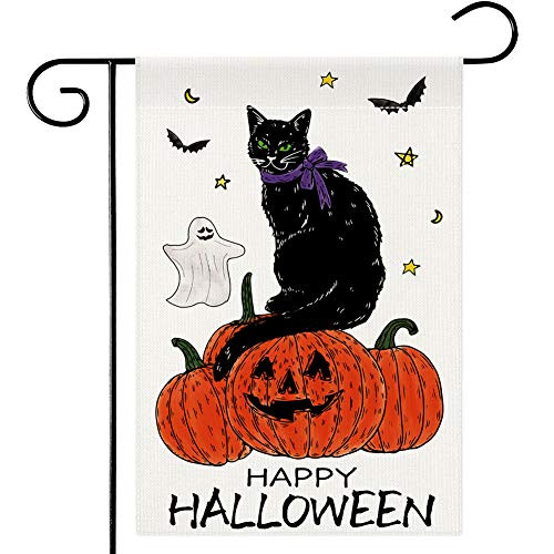 DSWEESUN Happy Halloween Garden Flag, Jack O Lantern Black Cat Pumpkin Ghost Bat House Double Sided 12.5 x 18 Inch, Fall Farmhouse Halloween Decorations Outdoor, Front Porch Yard Halloween Decor