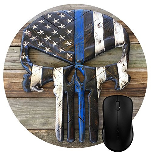 Wknoon Round Mouse Pad Customized Design, Vintage Rustic Wood Thin Blue Line American Flag Skull Art Circular Mouse Pads