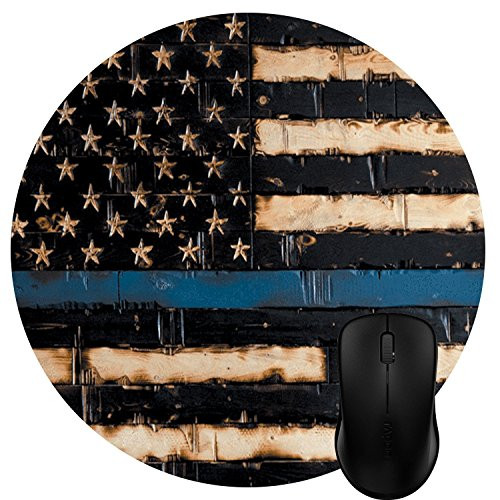 Wknoon Round Mouse Pad Customized Design, Thin Blue Line US Flag Law Enforcement Rustic Old Wood Design Art Circular Mouse Pads