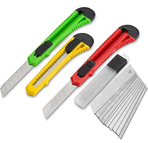 Fixson Utility Knife 18-MM Box Cutter (3 PACK) Retractable Razor Blades Knifes with Snap Off Blades and Slide Locks, Great Packaging Tools  and  Hobby Knife (10 REPLACEMENT BLADES INCLUDED)