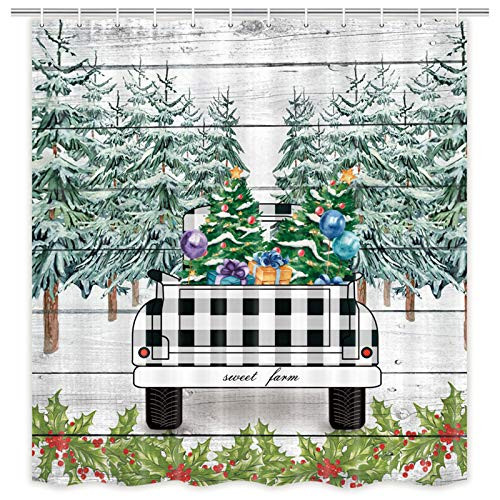 MERCHR Christmas Farmhouse Shower Curtain, Buffalo Truck Car Xmas Gifts Winter Forest Tree on Vintage Rustic Grey Wooden Board Shower Curtain for The Bathroom, Fabric Bathroom Set, 71 x 71 Inch