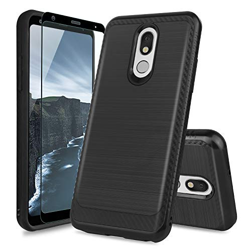TJS Phone Case Compatible with LG Stylo 5/LG Stylo 5 Plus/LG Stylo 5V/LG Stylo 5X, -Full Coverage Tempered Glass Screen Protector- Hybrid Shockproof Metallic Brush Finish Hard Inner Layer (Black)