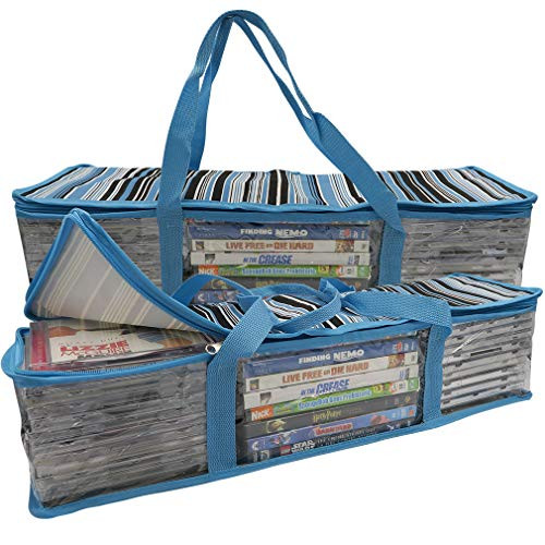 Evelots CD/DVD Storage Bag-2 in 1-Hold 24 CDs/8 DVDs Each Bag-Blue Stripes-Set/2