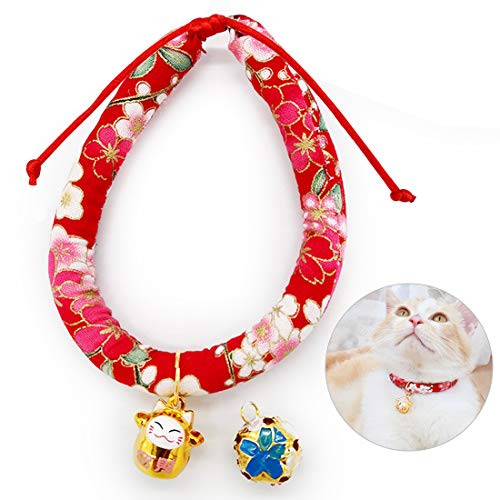 JOYPAWS Japanese Chirimen Kimono Cat Collar with Bell for Kitten Puppy Pet, Adjustable Cat Collars with Fortune (Red Plum Blossom, CLR.18-XS)