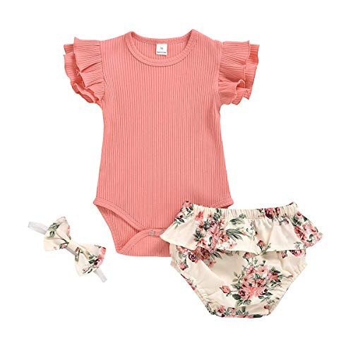 Baby Girl Ribbed Romper Jumpsuit Ruffled Outfit Floral Shorts Headband 3PCS Set Summer Clothing (Pink, 0-6 Months) Baby Girl Ribbed Romper Jumpsuit Ruffled Outfit Floral Shorts Headband 3PCS Set Summer Clothing (Pink, 0-6 Months)