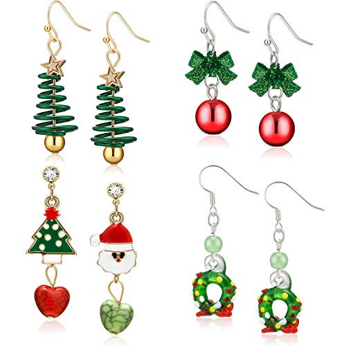 4 Pairs Christmas Dangle Hook Earring Set Star Tree Bell Earring for Women Girl 4 Pairs Christmas Dangle Hook Earring Set Star Tree Bell Earring for Women Girl