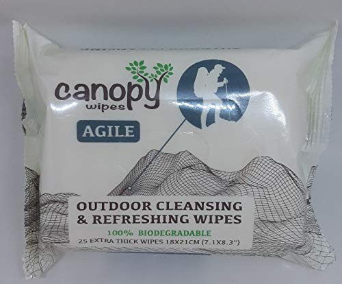 Canopy Wipes AGILE Outdoor Wet Wipes - 100 percent Biodegradable, Body Cleansing/Refreshing Wipes for Any Outdoor Activity w/Natural Aloe  and  Vitamin E (25 wipes)