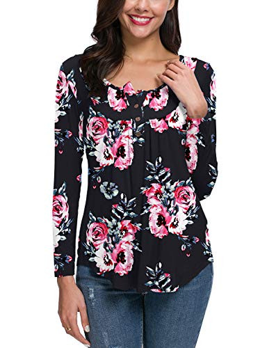 HAOMEILI Women's Button up Long Sleeve T-Shirt Casual Blouse Tunic Tops (Medium, Print Black)