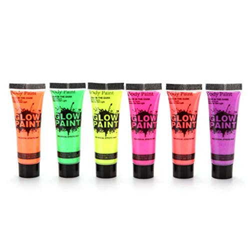 6 Tubes UV Glow in The Dark Paint, Blacklight Makeup, UV Face and Body Paint, Washable Neon Fluorescent Paint, Party Supplies 6 Tubes UV Glow in The Dark Paint, Blacklight Makeup, UV Face and Body Paint, Washable Neon Fluorescent Paint, Party Supplies