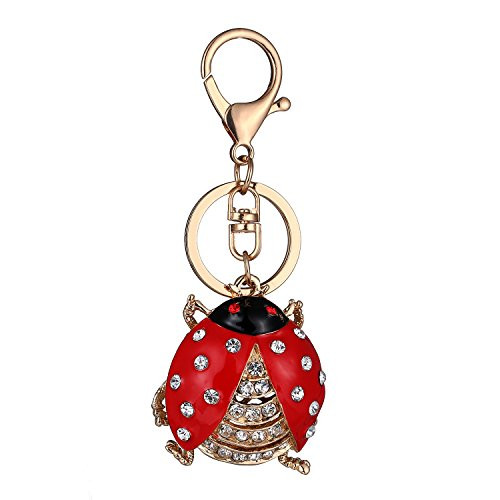 Cute Beetle Ladybug Keychain Sparkling Keyring Rhinestones Purse Pendant Handbag Charm (Red)