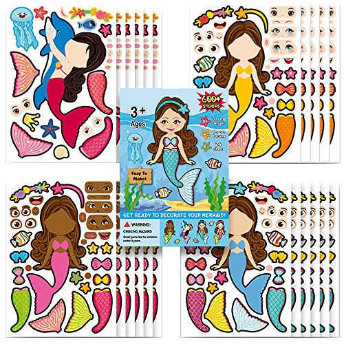 Mermaid Stickers,Make Your Own Mermaid Stickers,Make A Mermaid Stickers DIY Stickers Perfect For Mermaid Party Supplies  and  Favors for Kids Goodie Bag Filler Rewards (24 Sheets) (Make-A-Mermaid Stickers)