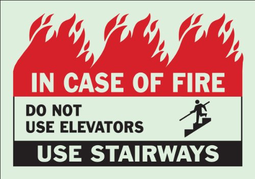 Brady 90107 Glow-In-The-Dark Self-Stick Polyester Fire  and  Exit Sign, 7" X 10", Legend "In Case Of Fire Do Not Use Elevators Use Stairways (with Picto)"