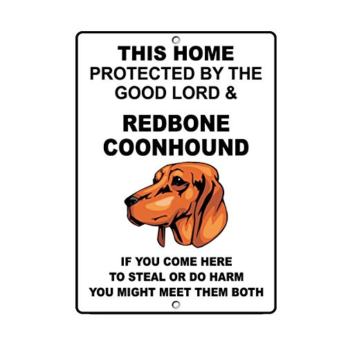 Redbone Coonhound Dog Home Protected by Good Lord and Novelty SignVinyl Sticker Decal 8"