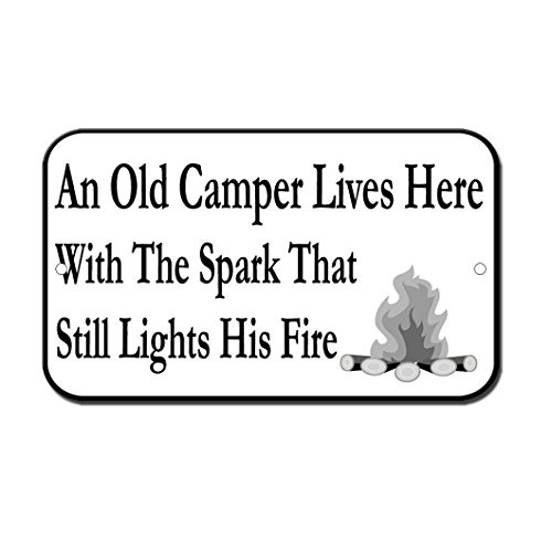 Old Camper Lives Here Novelty Funny Sign Vinyl Sticker Decal 8"