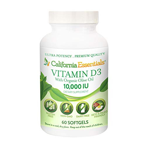 Vitamin D3 10000 IU (250mcg) Enhanced with Organic Olive Oil for Better Absorption - Non-GMO  and  Gluten Free (60 Softgels)