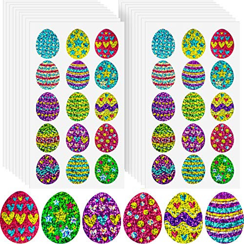 Leinuosen 300 Pieces Easter Egg Bunny Chick Shinny Stickers Easter Eggs Fillers, 20 Sheets (Easter Egg)