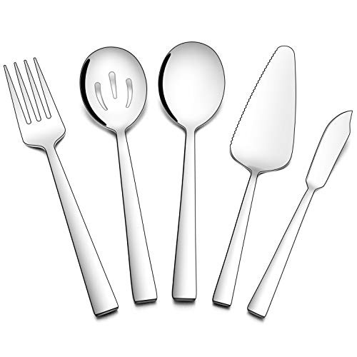 Homikit 5-Piece Silverware Serving Utensils Set, Stainless Steel Square Flatware Hostess Set Include Pie Server Serving Spoons Butter Knife Serving Fork, Dishwasher Safe