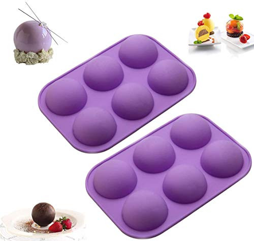 2 packs of chocolate silicone mold, 6-hole spherical silicone mold, cake, jelly, pudding, non-stick round hemispherical mold, baking mold for making hot chocolate bombs(purple)