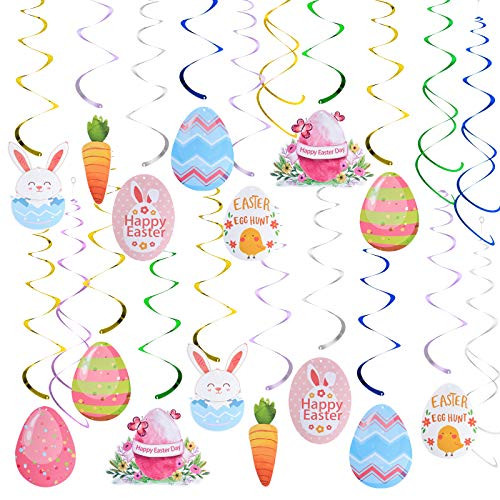 Kalolary 30pcs Easter Hanging Swirl Decorations - Easter Decorations - Easter Egg Bunny Carrot Hanging Swirl Foil Decorations for Home Office School - Easter Party Ornaments Favors Supplies