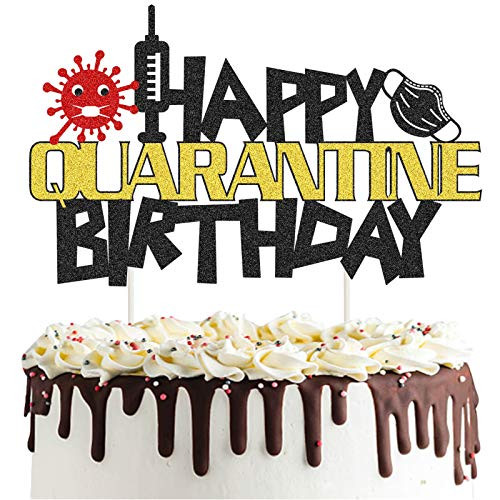 Happy Quarantine Birthday Cake Topper, Black and Gold Quarantine Birthday Party Cake Decoration, Social Distancing Birthday Lock down Party Cake Supplies Decorations