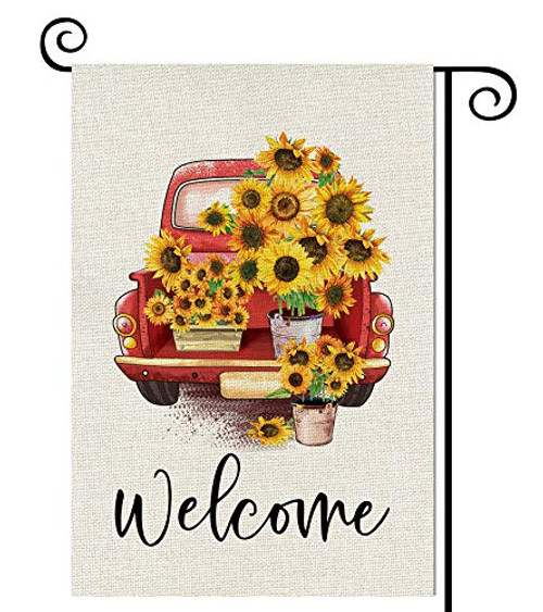 Balgardekor Welcome Red Truck Sunflower Garden Flag Vertical Double Sided Farmhouse Burlap Spring Summer Yard Outdoor Decor Home Decor (12.5 x 18, Sunflower)