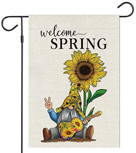 Haustalk Welcome Spring Garden Flag Vertical Double Sided Guitar Gnomes Sunflower Burlap Yard Spring Summer Fall Outdoor Decor (12.5 x 18, Welcome Spring)